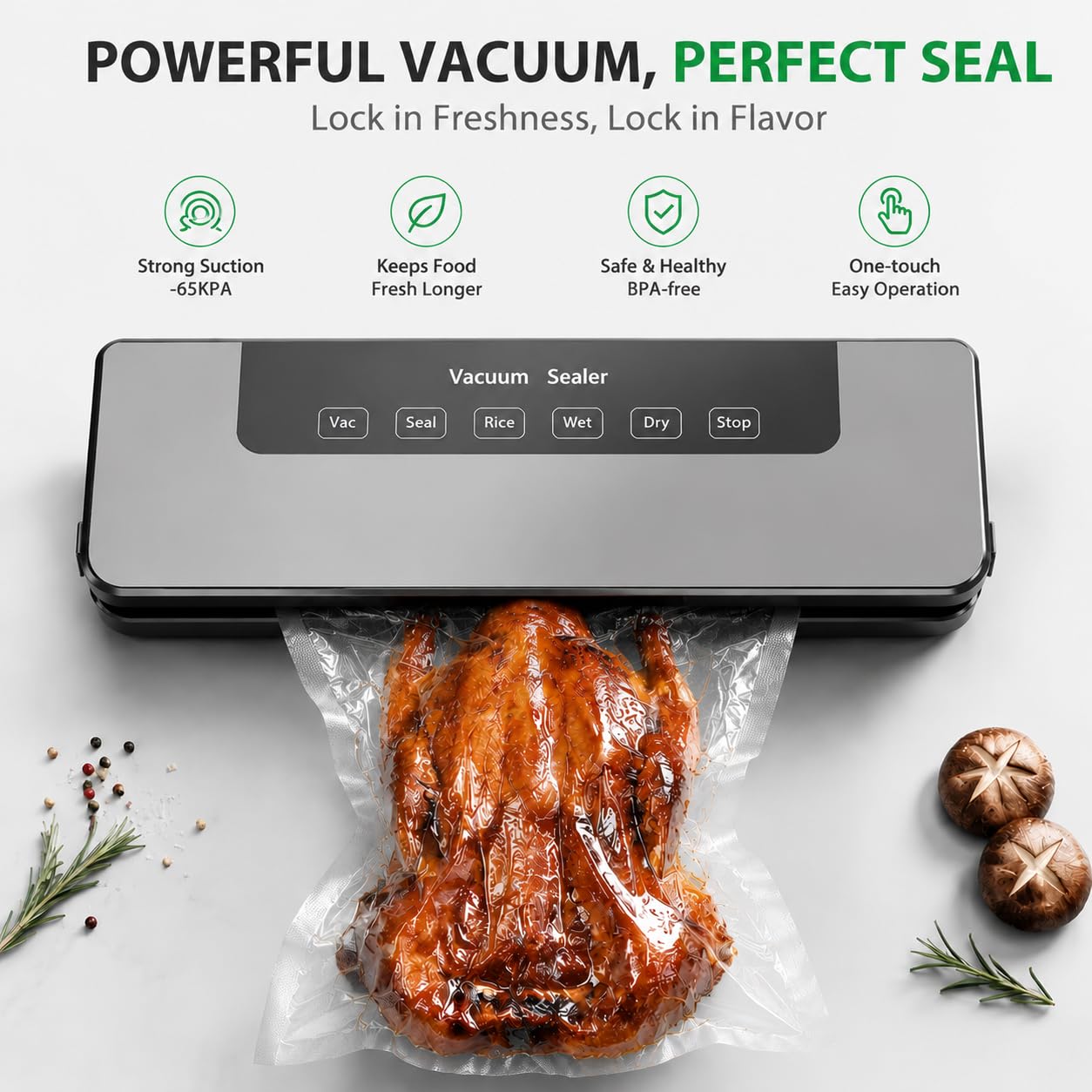 Máquina al vacío para alimentos profesional 65 kpa Hilifix, con sello más largo de 30 mm, sellador al vacío para alimentos frescos tanto secos como húmedos, sobres para aspirar incluidos