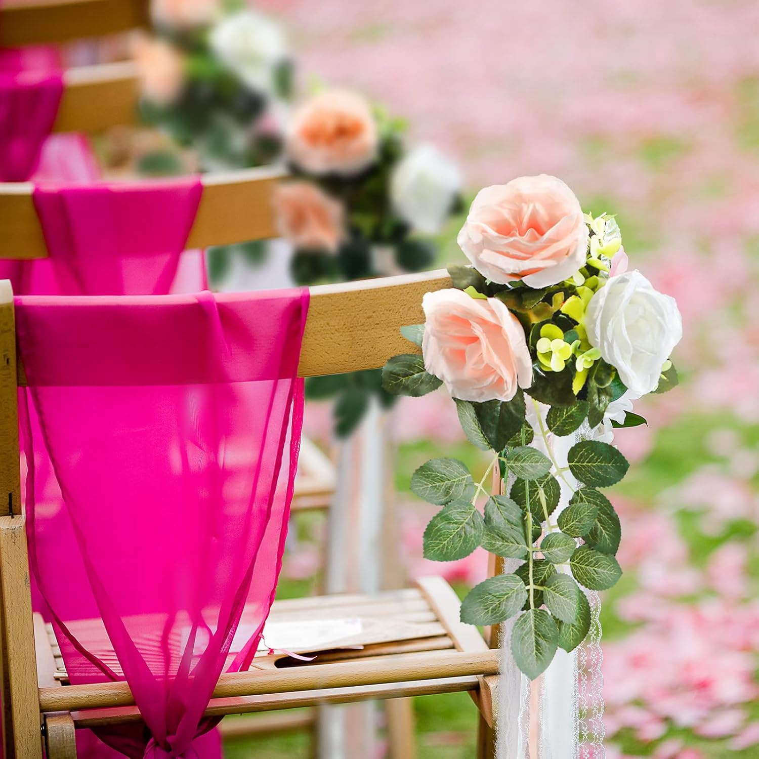 Giegxin 16 Pcs Wedding Aisle Decorations Pew Flower for Wedding Ceremony Aisle Chair Artificial Rose Chair Back Floral Decoration with Eucalyptus and Ribbons for Ceremony Church Party