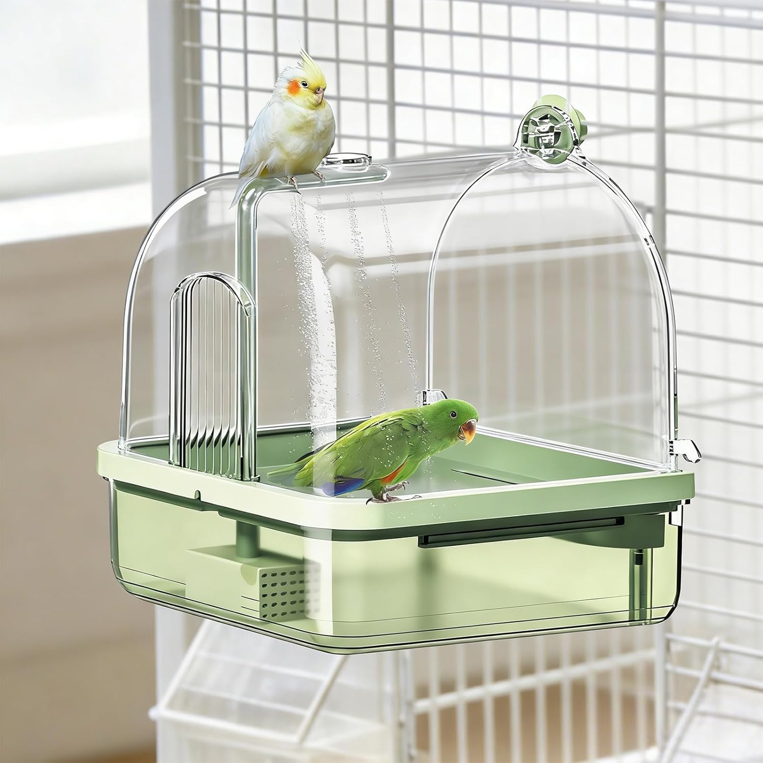 Parrot Bathtub, Bird Shower Bath, Hanging Bird Bath for Cage, Automatic Bird Bath Shower for Cage, Indoor Cage Accessories for Parakeets, Budgies, Cockatiels, Conure, Lovebird, Green A
