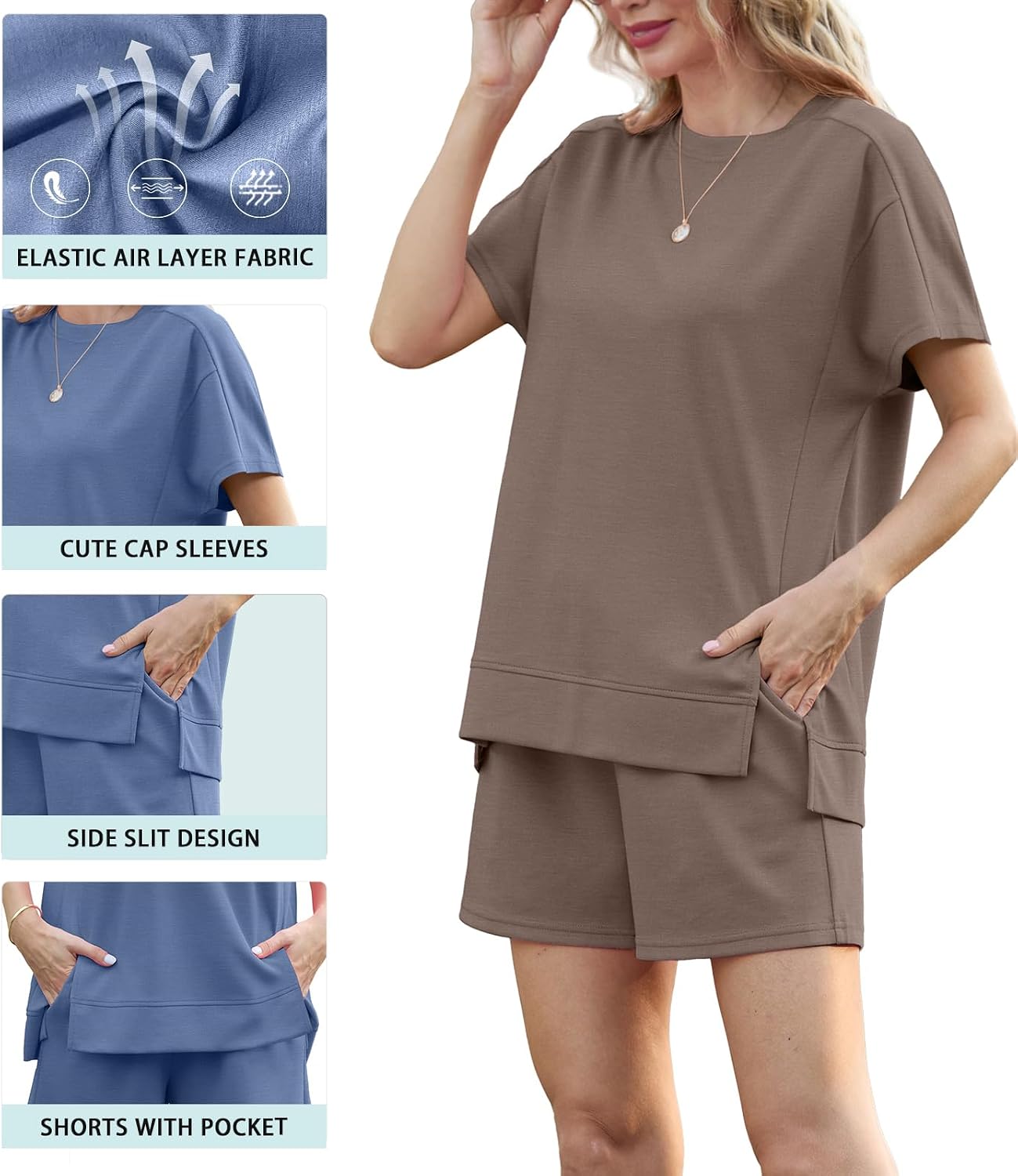 Lepunuo Shorts Sets Women 2 Piece Outfits Summer Short Sleeve Tops Elastic Waist Matching Lounge Sets Travel Outfits