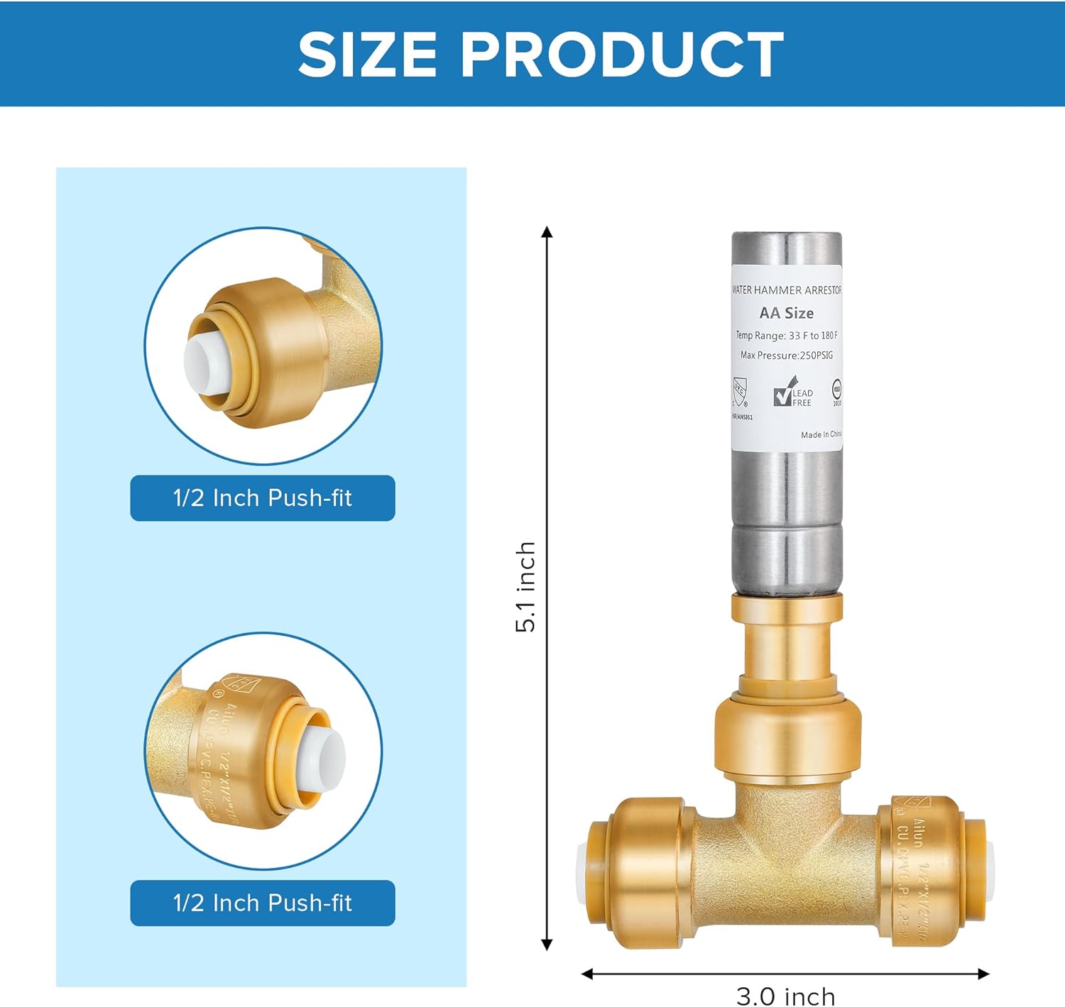 (2-Pack) Yqimtion Push to Connect Water Hammer Arrestor, Tee, 1/2" Pushfit to Connect Pex,Copper,CPVC,PE-RT for Faucet,Dishwasher,Washer Plumbing Connection, Reduce Banging Noise