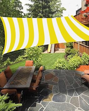 Stripe Sun Shade Sails 6.5 x 10 Yellow and White Striped Geometric Rectangle Waterproof Shade Canopy Sun Blocking Outdoor Sunshades for Patio Garden Backyard