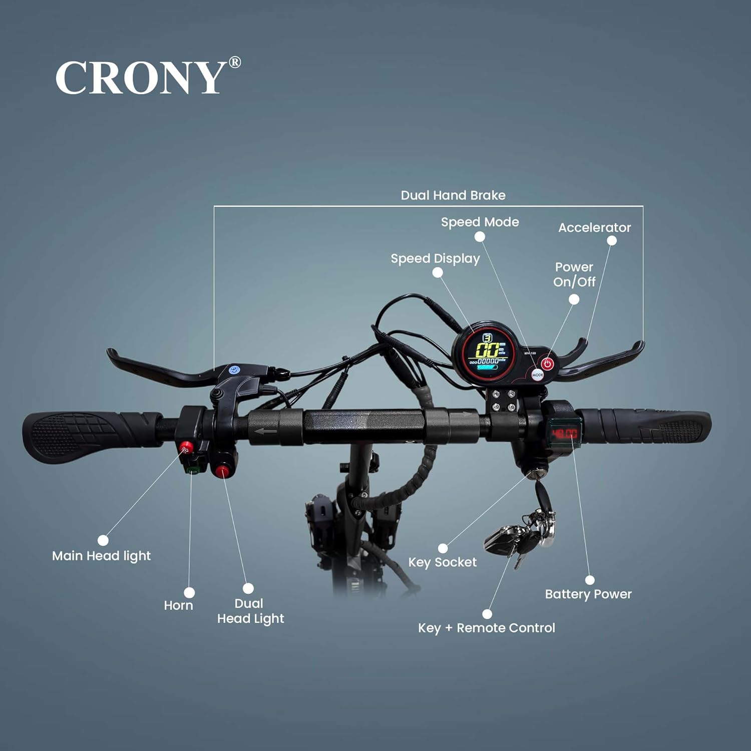 CRONY V10 Electric Scooter handlebar controls