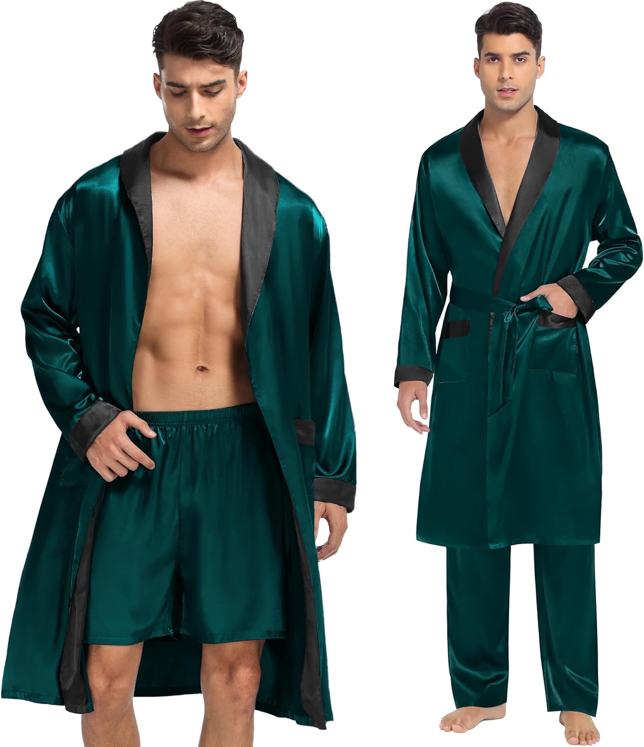 SWOMOG Men's 3 Pcs Robe Silk Satin Kimono Bathrobe with Shorts&Pants Set Lightweight Soft Sleepwear