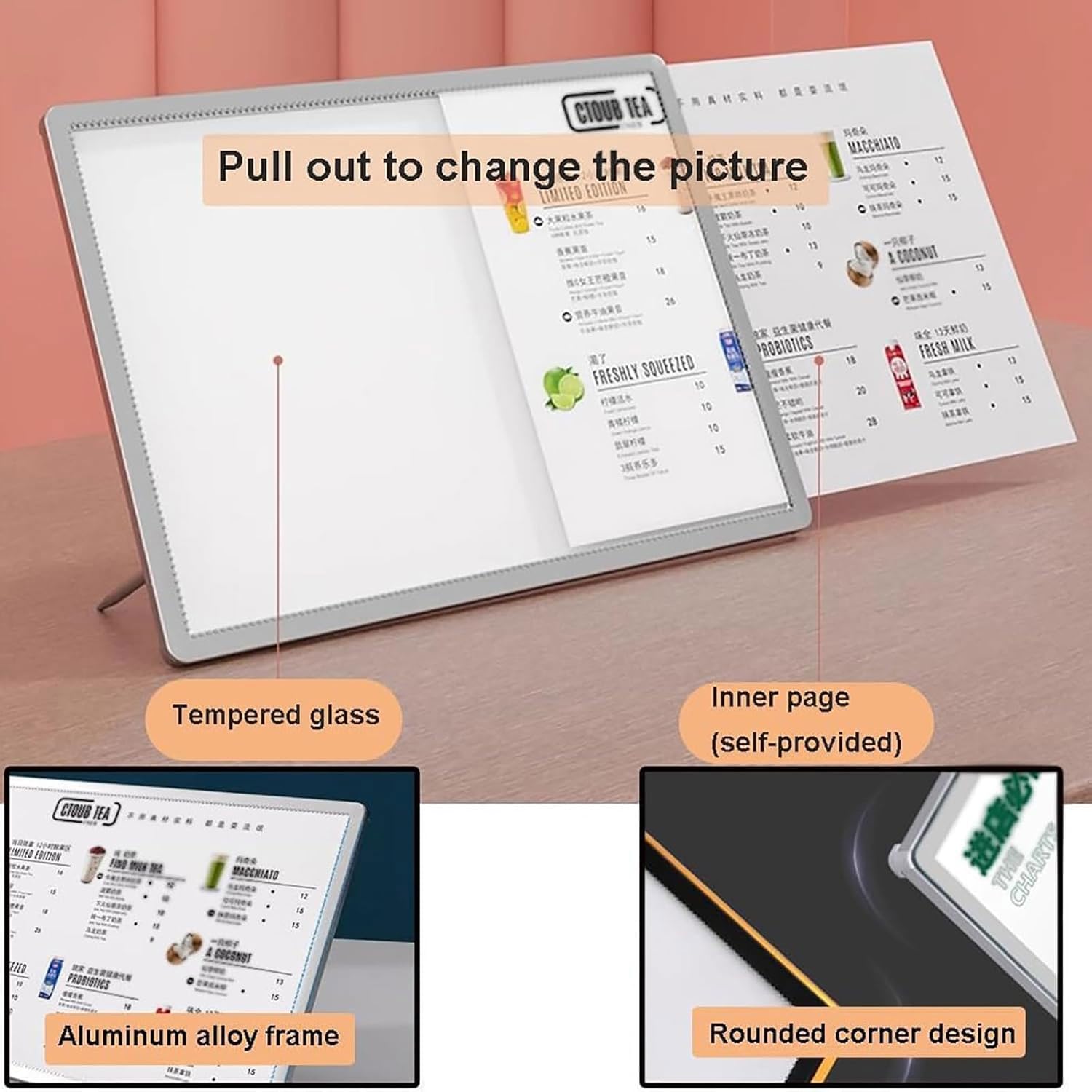 Marco de póster de caja de luz LED, pantalla luminosa para tablero de menú con soporte de metal para publicidad de restaurante, soporte de menú de escritorio, 297 x 420 mm