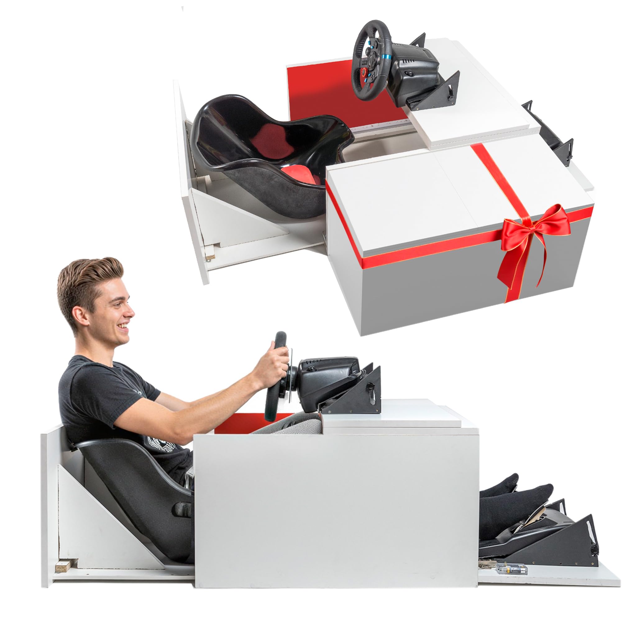 Simulador de Conducción con Volante Force Feedback (2,3NM) y Pedales Integrados en Mesa de Centro Elevable para Salón | Cockpit Gaming Compatible con PS5/PC | 79x79x47,5 cm (Blanco)