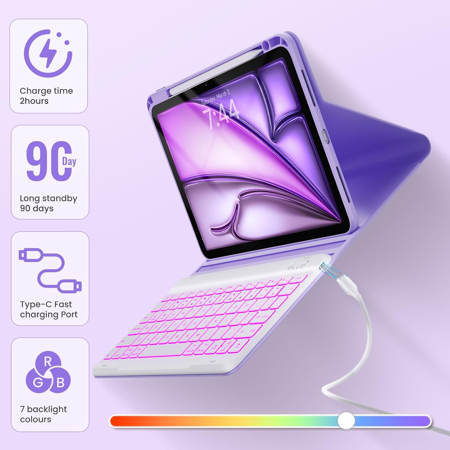 Keyboard Case for iPad Air 11 inch (M3/M2) & Air 5th 4th Generation, Magnetic Detachable Cover, 7-Color Backlit & Pencil Holder for iPad Air 11" M3 (2025), M2 (2024), Air 5/4, Pro 11" - Purple
