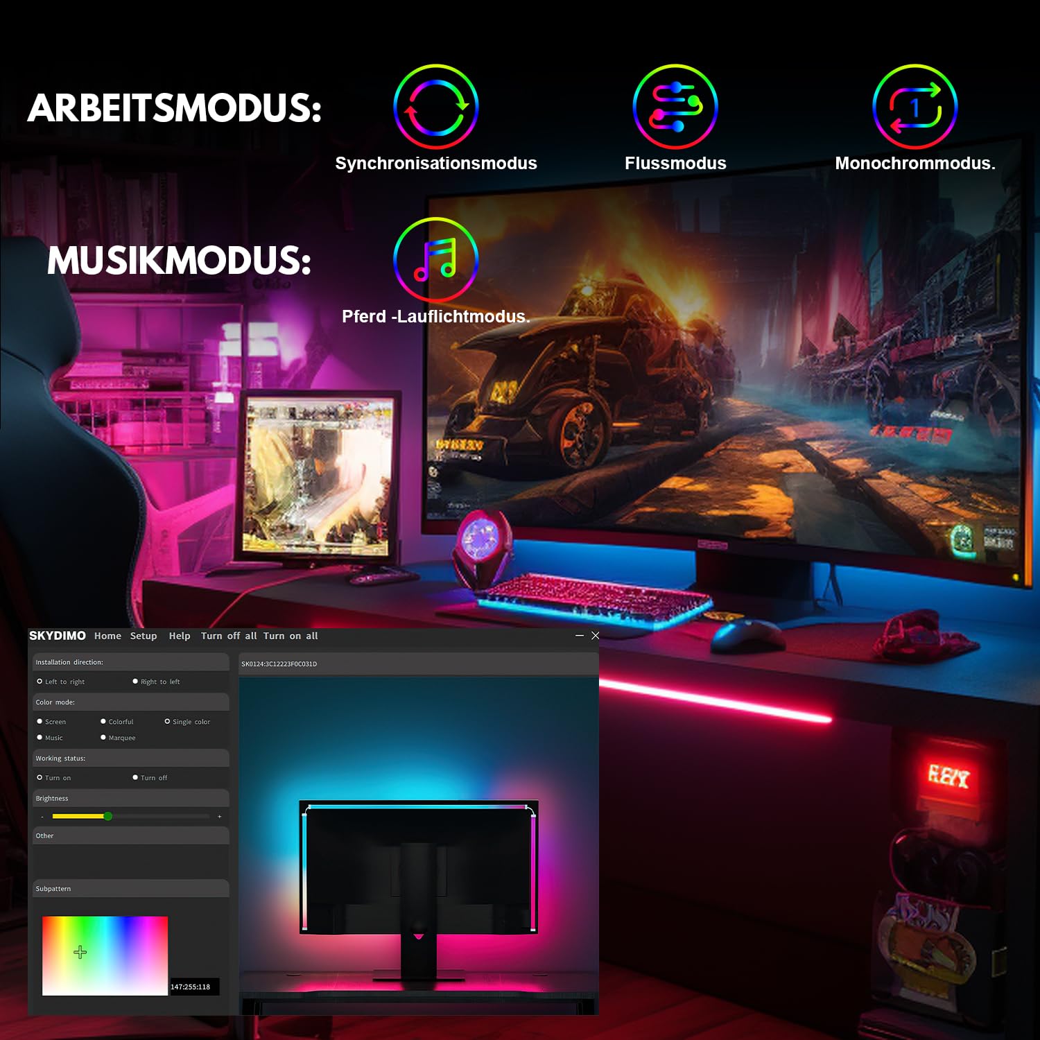 Sonnewelt Striscia LED neon RGBIC Gaming PC Monitor Retroilluminazione USB RGBIC Striscia LED per PC da 32 pollici, Smart Gaming Light con controllo app skydimo, sincronizzazione per giochi, musica,