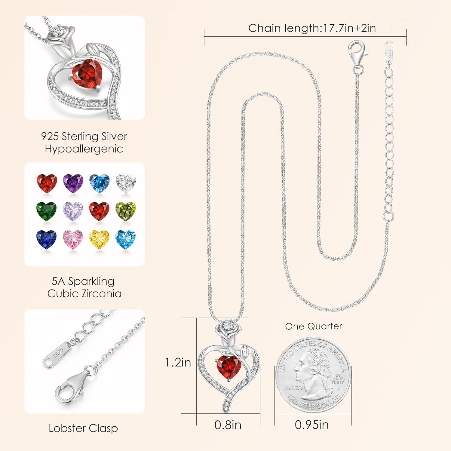 LOUISA SECRET Rose Flower Heart Birthstone Necklaces for Women, 925 Sterling Silver Fine Jewelry, Pendant Heart Necklaces Birthday Anniversary Christmas Gift for Women Wife Mom Girlfriend Lady - Image 5