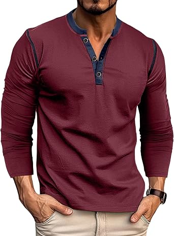 Mens Muscle Henley Shirt Long Sleeve Crewneck Lightweight Athletic Gym Workout Slim Fit Button Down Tee Shirts