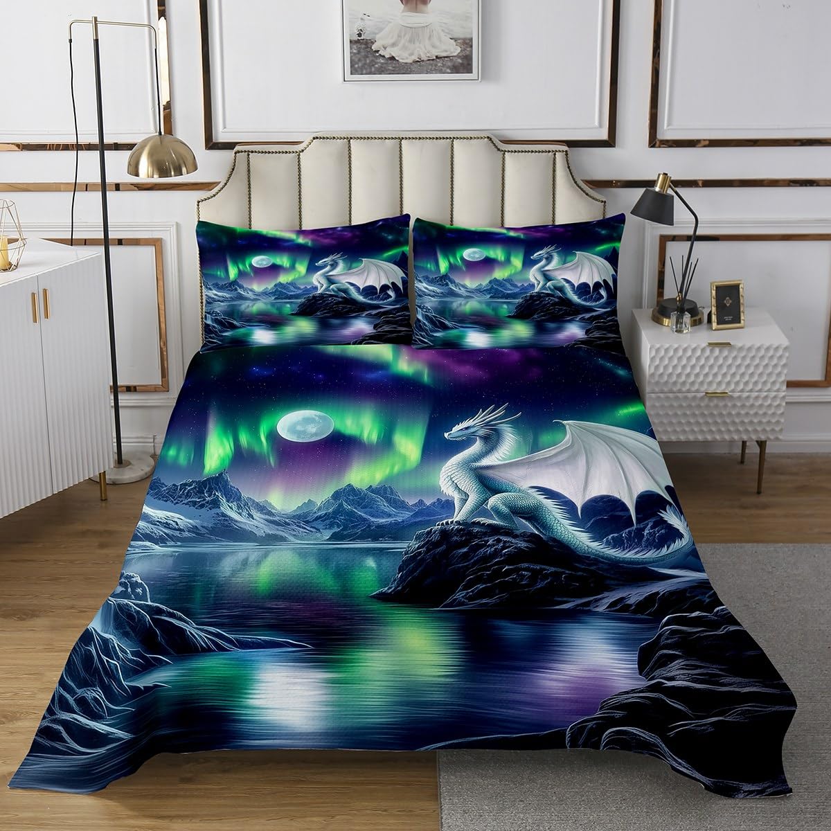 Erosebridal Aurora Dragon Bedding Set King,Gothic Dragon Quilt Set for Boys Kids Teens,Western Fantasy Animals Quilts Bed Set Starry Night Bedspread Set with 2 Pillowshams Room Decor