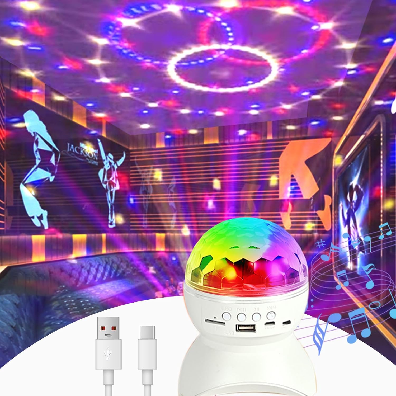 DJ Disco Ball Party Light, RGB Lights Projector with Bluetooth & Button Control, USB Plug Portable Stage Strobe Lights, Cool LED Lights for Home Living Room Bedroom Dorm KTV Club Pub Decor (White)