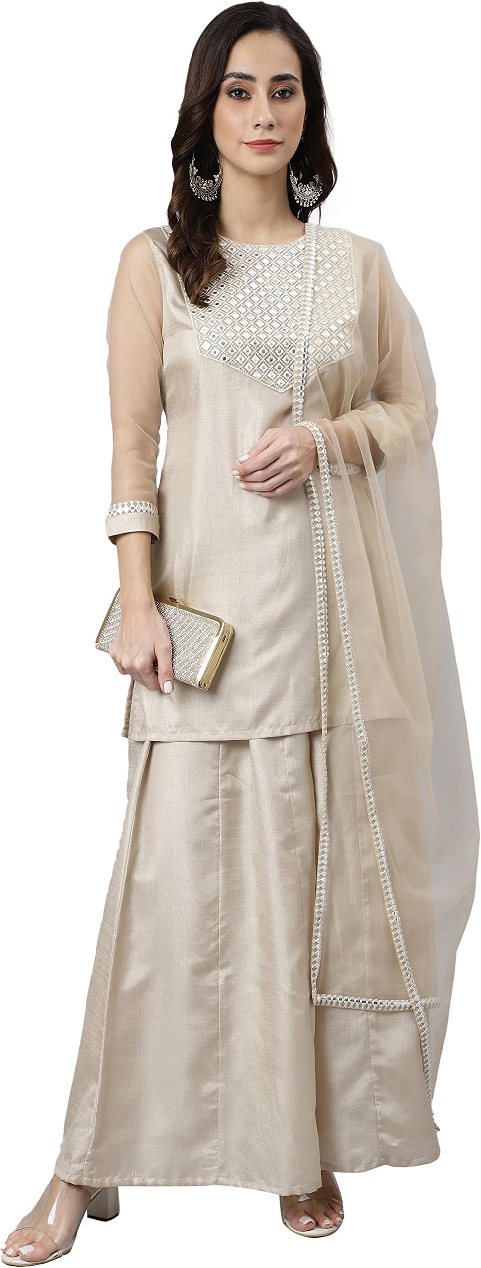 JanasyaValentines Day Gifts Beige Chinon Embellished Kurta with Kali Palazzo and Dupatta
