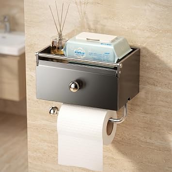 Toilet Paper Holder with Shelf,Wall Mount Toilet Paper Roll Holder,Self-Adhesive Tissue Towel Holders,Flushable Wipes Dispenser for Storage,Front Flip Design with Hanging Rod for Bathroom Grey