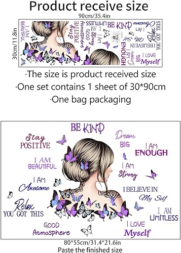 Miniatura 5 de Calcomanías de pared de niña mariposa morada y eslóganes inspiradores, calcomanías de pared motivacionales sacinora vinilo extraíble para sala de