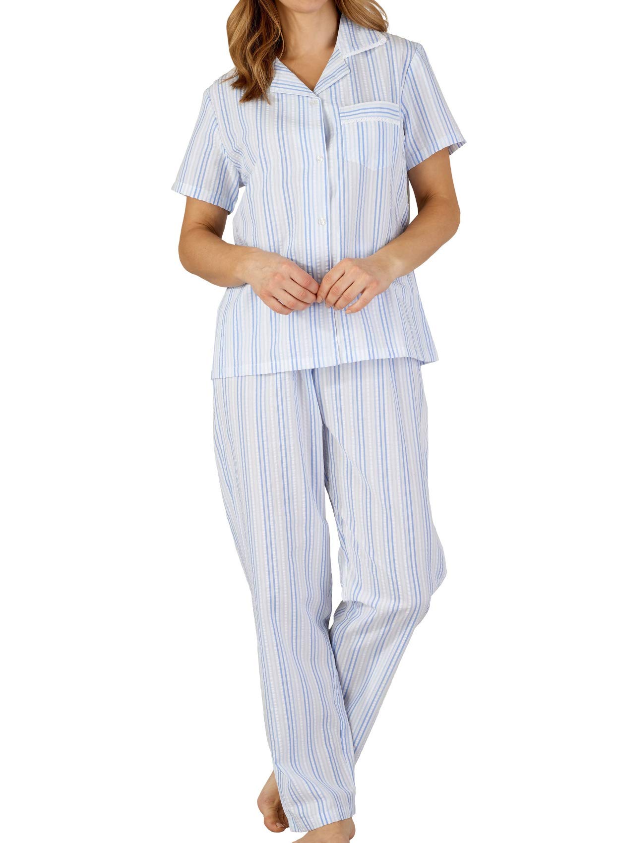 Slenderella Ladies Pyjamas Seersucker Stripe Button Up Top & Trousers Bottoms PJ Set UK 20/22 (Blue)
