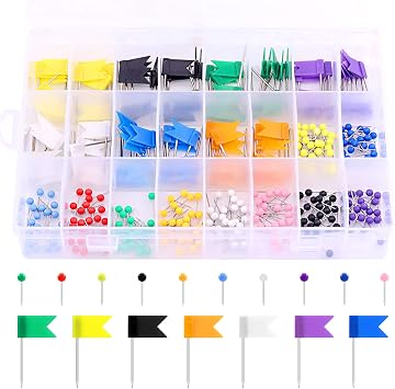 Swpeet 305Pcs 2 Types Colorful Push Pins Tacks with Steel Point Assortment Kit, 1/8 inch Ball Round Head and 7/10 inch Map Flag Tacks Plastic Marking Pins for Bulletin Board, Fabric Marking