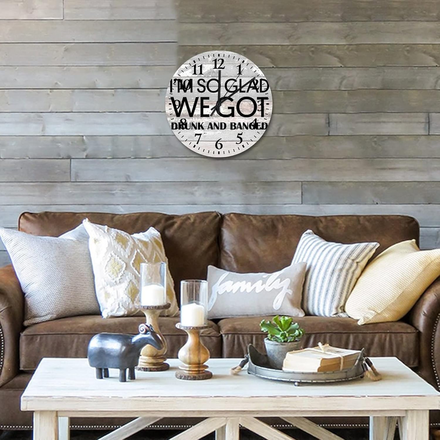 I’m So Glad We Got Drunk and Banged Wooden Wall Clock 12 Inch, Happy Valentine’s Day Lettering Wall Clock Modern Quartz Analog Quiet Round Arabic Numbers Clock for Home/Office/Kitchen Decor