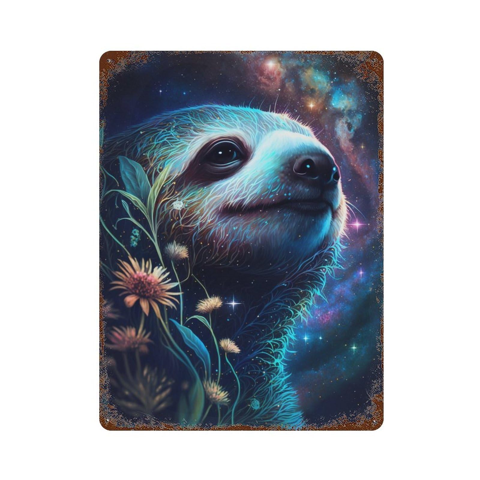 Galactic Sloth with Flowers-2 Weathered Tin Sign 15.7"x11.8", Rustic Home Decor for Office, Studio And Wall Decor