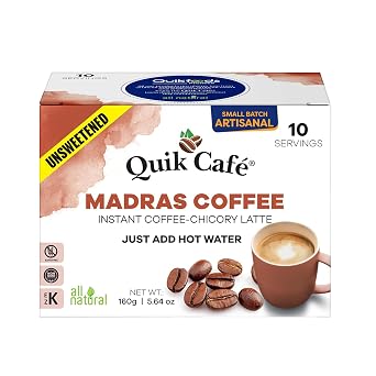 QuikCafe Madras Unsweetened Coffee 10 Count, Instant Herbal Blend with Natural Ingredients, Caffeine-Light, Preservative-Free Just Add Hot Water