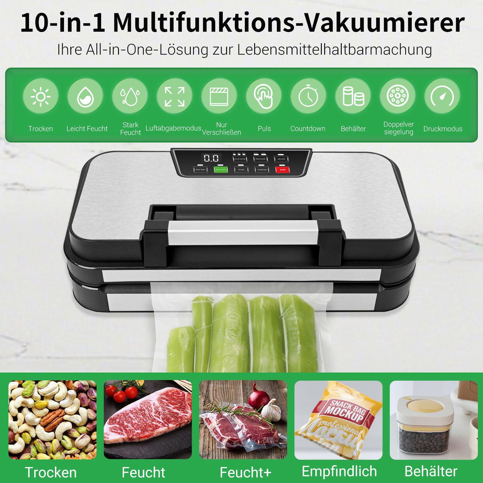 Vakuumiergerät 95kPa Saugkraft 10-in-1 doppelte Heißsiegelung integriertes Schneidemesser Beutelhalterung Easy-Lock-Griff 2 Beutelrollen