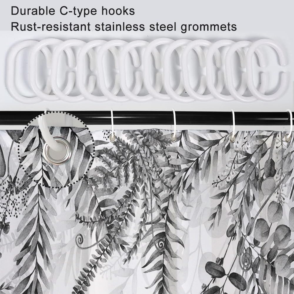 Rideau de douche court, rideau de salle de bain à motif d'eucalyptus gris aquarelle avec crochets pour baignoire ou marchepied, 183 x 152,4 cm