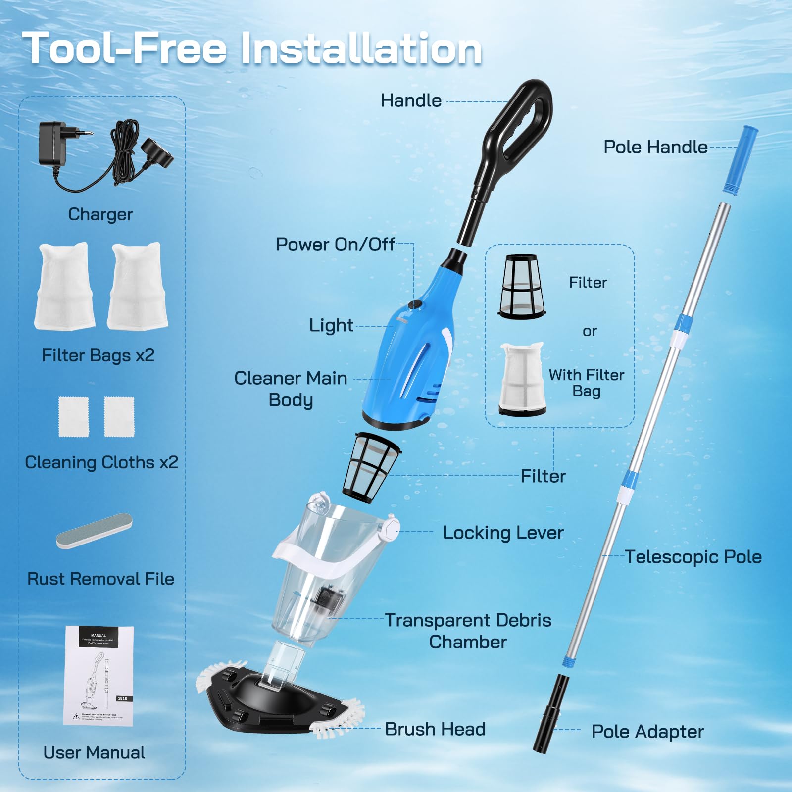 Potente Aspirapiscina con Batteria, Aspiratore Piscina Ricaricabile, Aspirazione 40L/min, Asta Telescopica 131–199cm, 2 Filtri Forte Aspirazione per Piscine, Vasche, Spa