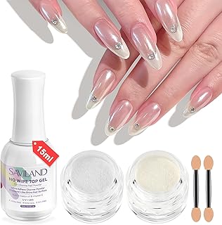 SAVILAND Advanced Chrome Nail Powder Kit: Metallic Mirror Effect White Pearl Chrome Powder Aurora Pearlescent Glazed Donut Nails with Non-Wipe Top Gel & Sponges for Nail Art Decoration Supply Home DIY