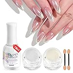 SAVILAND Chrome Nail Powder Kit: Metallic Mirror Effect White Pearl Chrome Powder Aurora Pearlescent Glazed Donut Nails with Non-Wipe Top Gel & Sponges for Nail Art Decoration Supply Home DIY