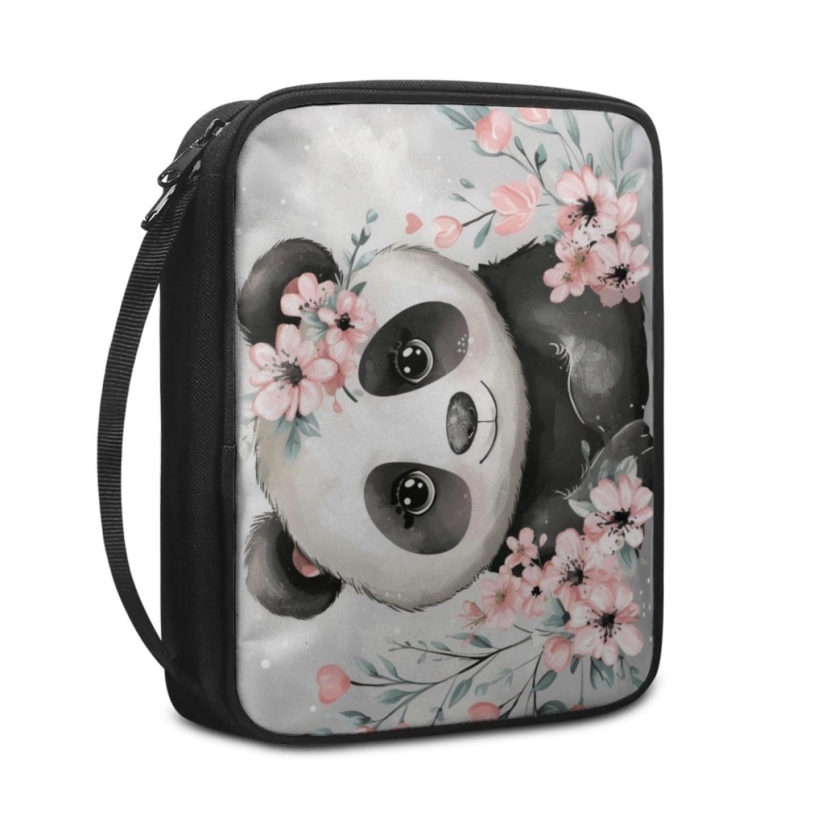 Custodia Libro Carino Fiore Panda Copertura Bibbia con Manico Cerniera Tela in Poliestere per Uomo Donna Porta Libro Grandi Capacità Custodia per Libri 27.5x22.5x5.5 cm