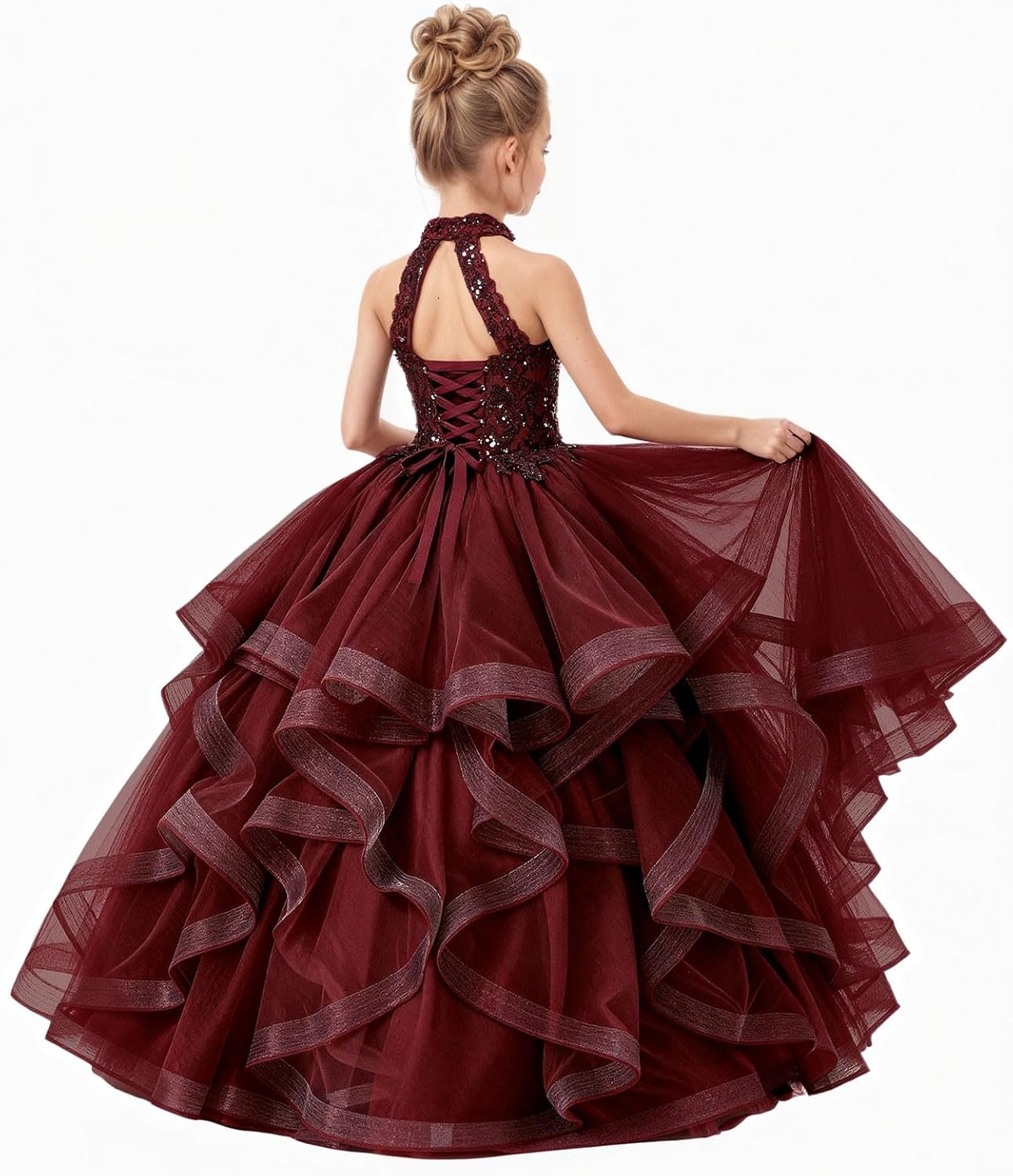 Tulle Flower Girl Dress Sparkly Sequins Applique Pageant Dresses for Girls Halter Neck Tiered Formal Girls Ball Gown - Image 3
