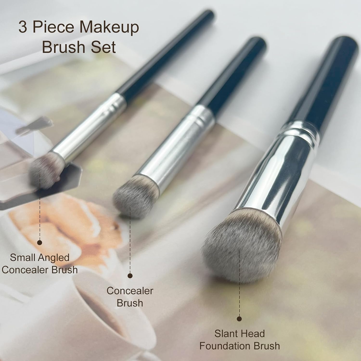 3-Piece Foundation Contour Brush Set, Kabuki Brushes for Liquid, Cream, and Powder Makeup, Includes Under Eye and Mini Concealer Brushes, Black