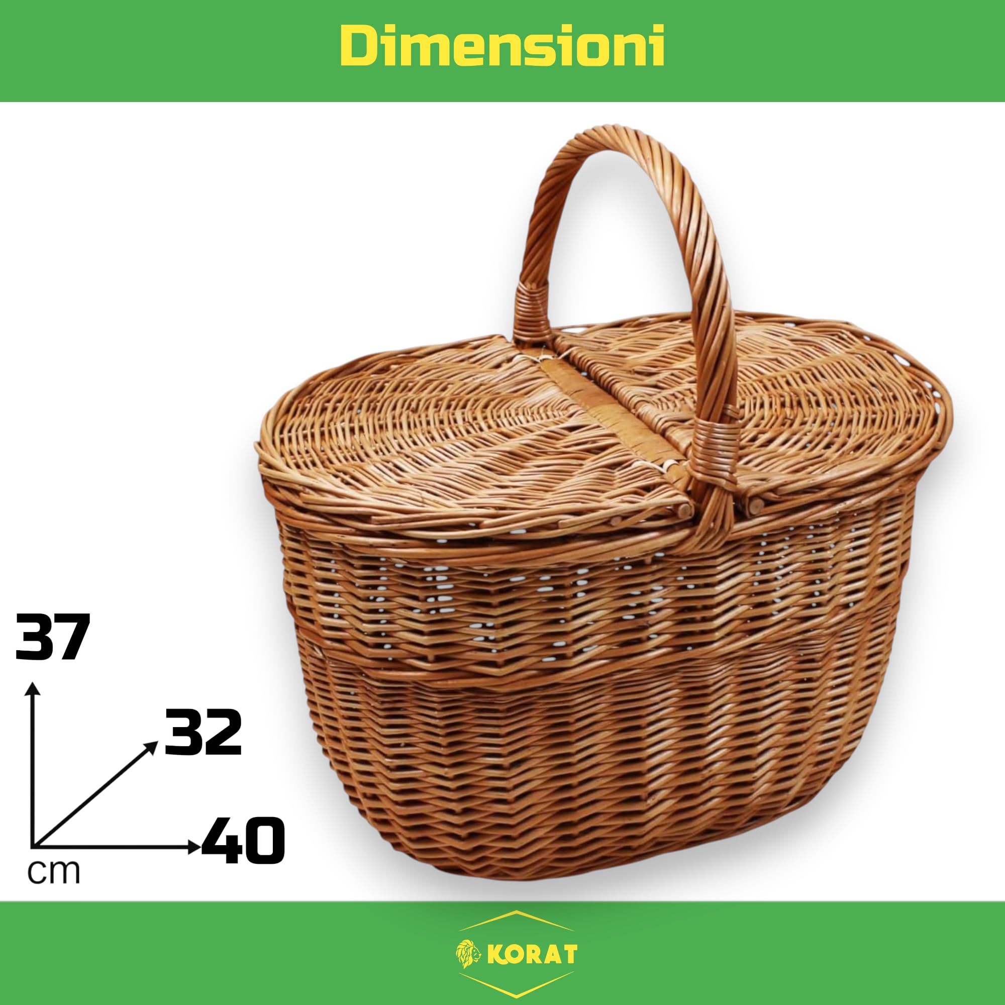 KORAT - Cestino Picnic in Vimini con Coperchio Doppio Apribile, Cesto Porta Funghi e Picnic, Manico Robusto, Vimini Naturale, 40x32x37 cm