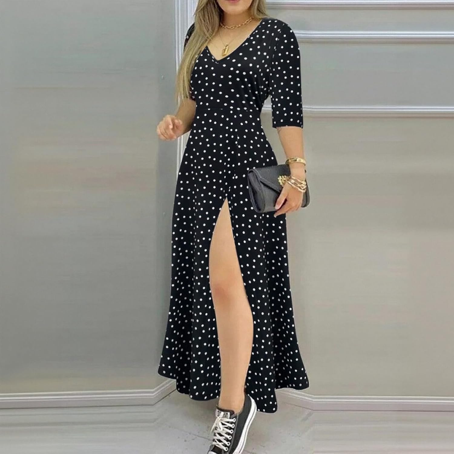 Polka Dot Print Casual French Elegance for Womens V-Neck Dress, Short Sleeve Commuter Style with Slit Design