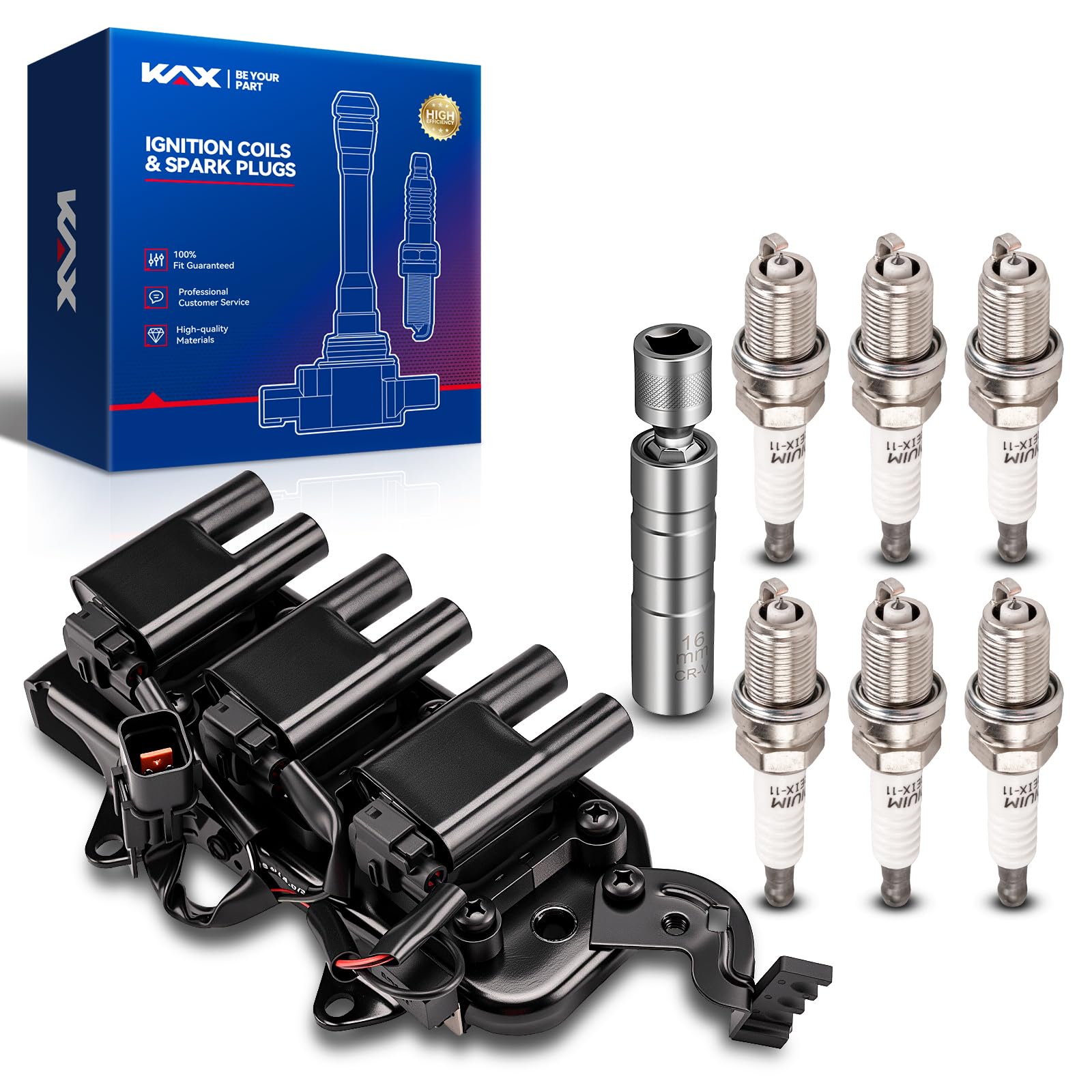 KAX 1 Ignition Coil &amp; 6 Spark Plugs Set Fit for Kia Sportage Tucson