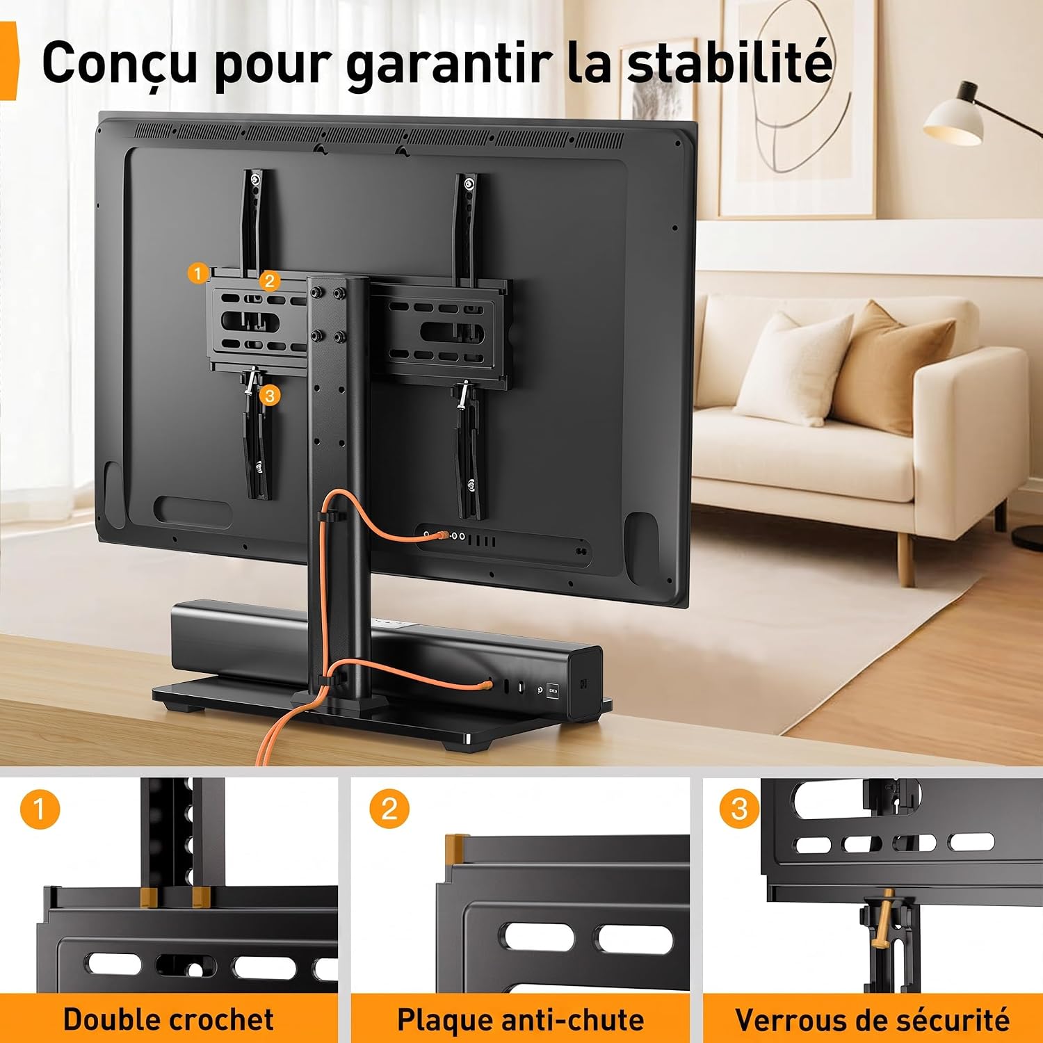 Image showing a person easily installing a television onto the Perlegear TV stand, highlighting no drilling required.