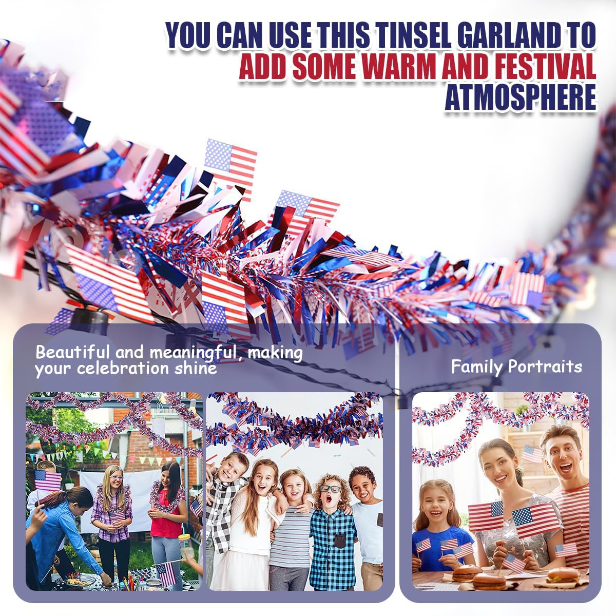 43 Ft Patriotic Glitter Tinsel Garland Decoration, Red White Blue Star Metallic Tinsel Twist Garland for Tree Car Golf Cart