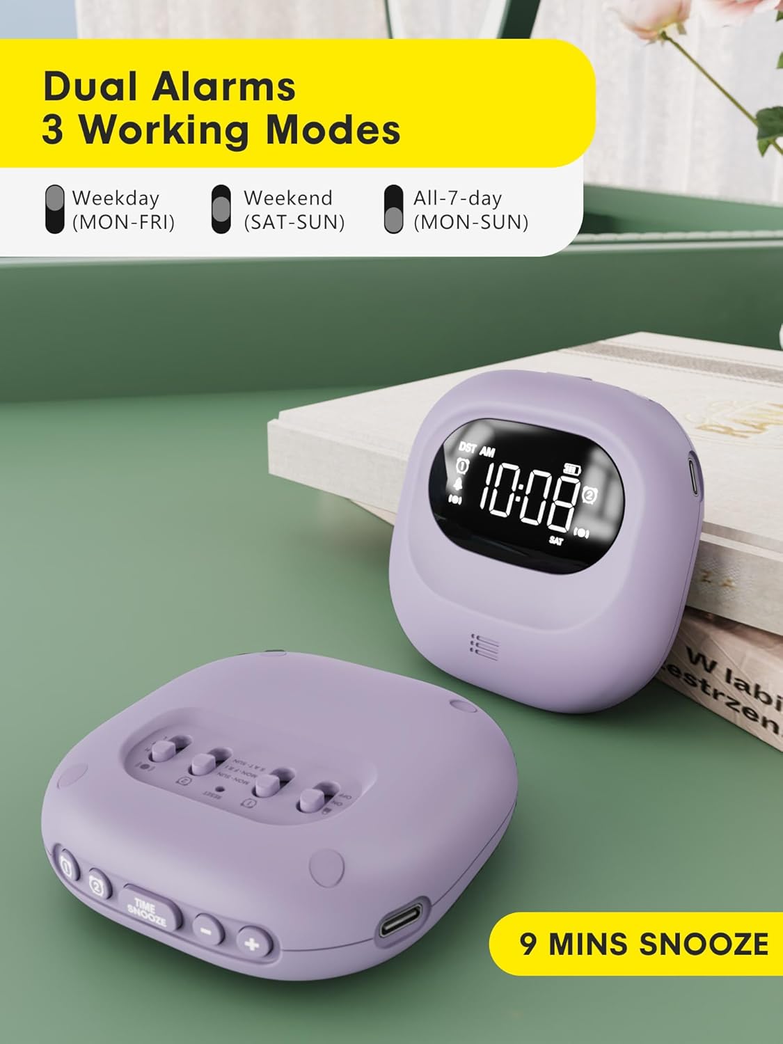 ROCAM CR1027 Vibrating Alarm Clock showing dual alarm settings for 7:00 AM and 9:30 PM.