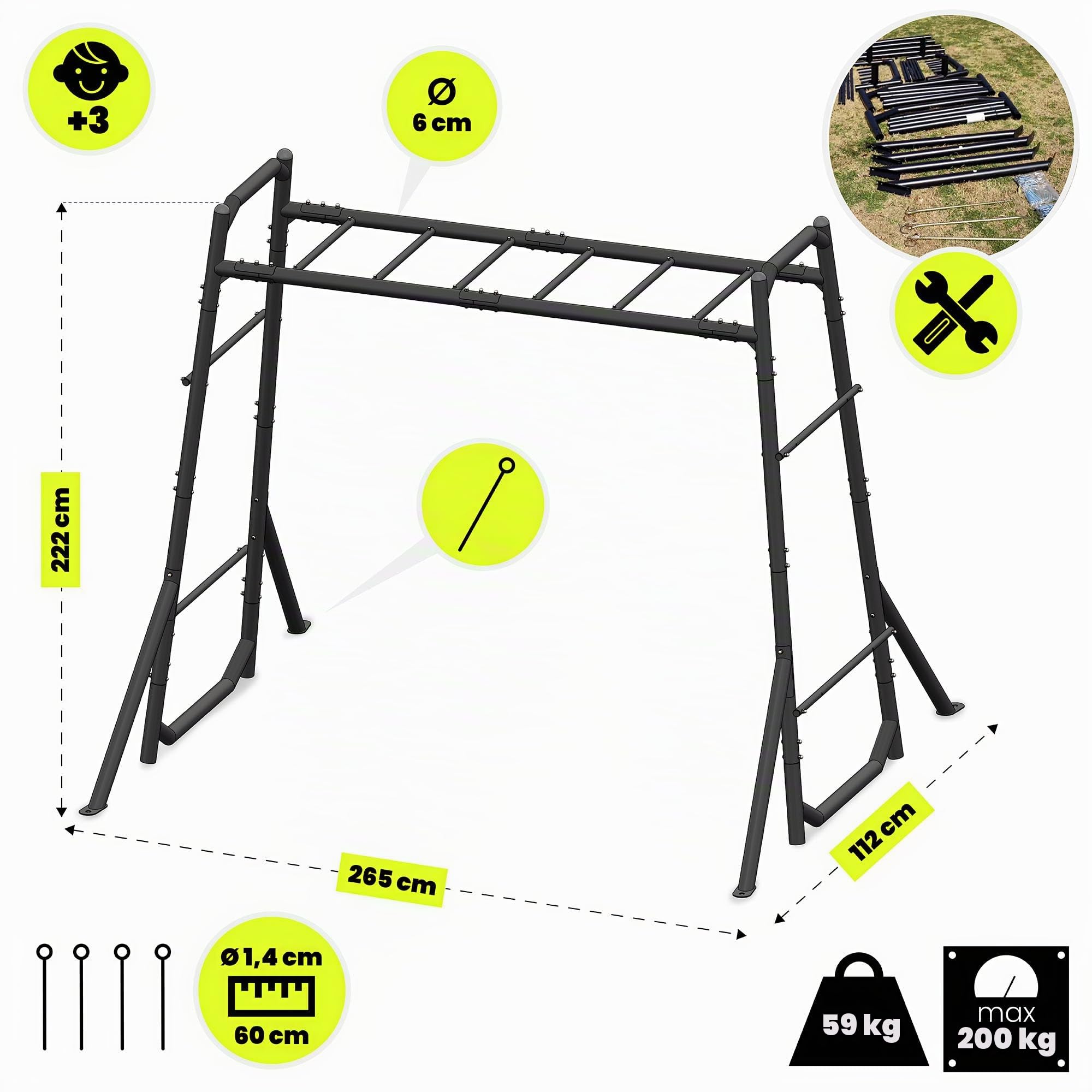 HyperMotion Scala da Ginnastica da Esterno in Metallo per Bambini e Adulti; Struttura Robusta con Ancoraggio al Suolo; Portata Fino a 200 kg; Resistente alle Intemperie; Finitura Nera per Giardino