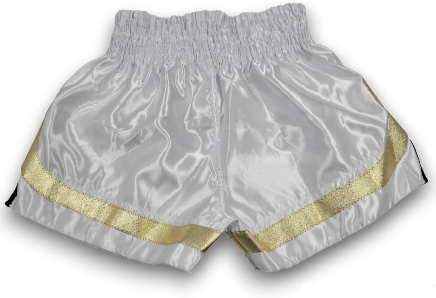 MMA Boxing Muay Thai Shorts in Satin White Black Gold cutt Letters