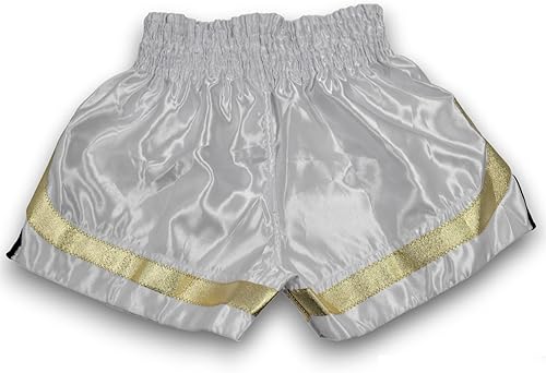 Miniatura 2 de MMA Boxeo Muay Thai Shorts en satén blanco negro oro corte letras