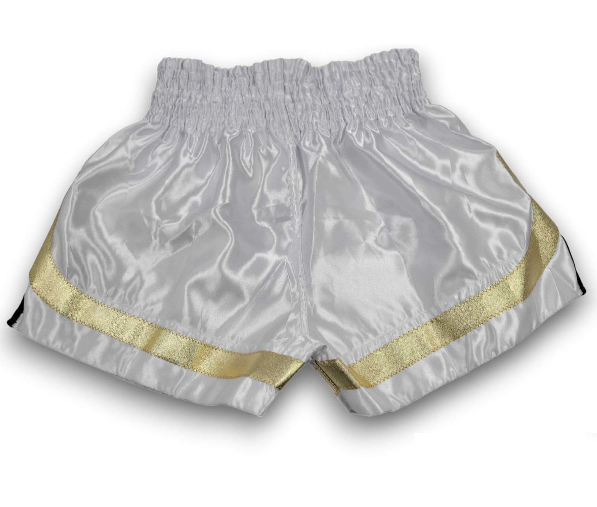 Woldorf USA MMA Boxing Muay Thai Shorts in Satin White Black Gold cutt Letters Size L Martial Arts, Sparring Fitness Gym Equipment Grappling Shorts, Kickboxing Shorts