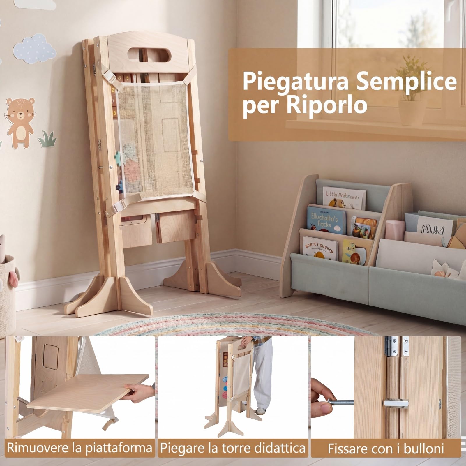 COSTWAY Torre Montessoriana Bambini, Torre di Apprendimento Pieghevole 3 in 1 con Altezza Regolabile, Lavagna Rimovibile e Pannello Educativo per Bambini 3+ Anni, 83,5 x 73 x 93 cm