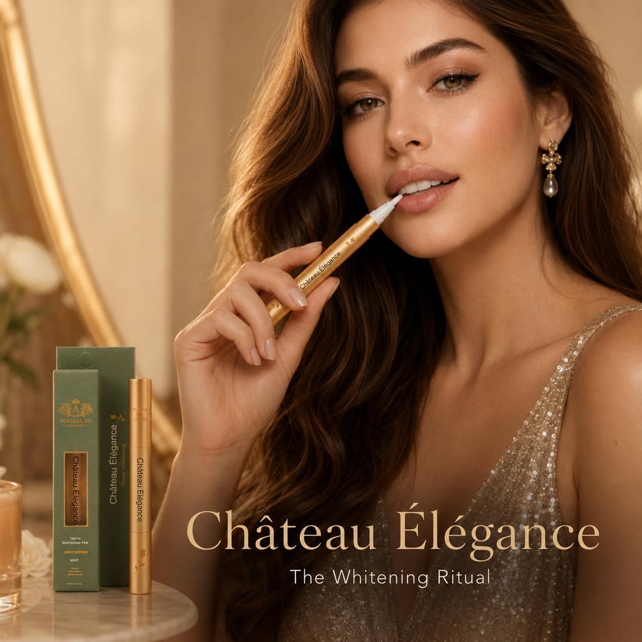 Château Élégance Gold Edition Teeth Whitening Pen, Peroxide-Free Pap Formula, Gentle Mint, Precision Whitening Brush, At-Home Whitening for Sensitive Teeth, 2 ml