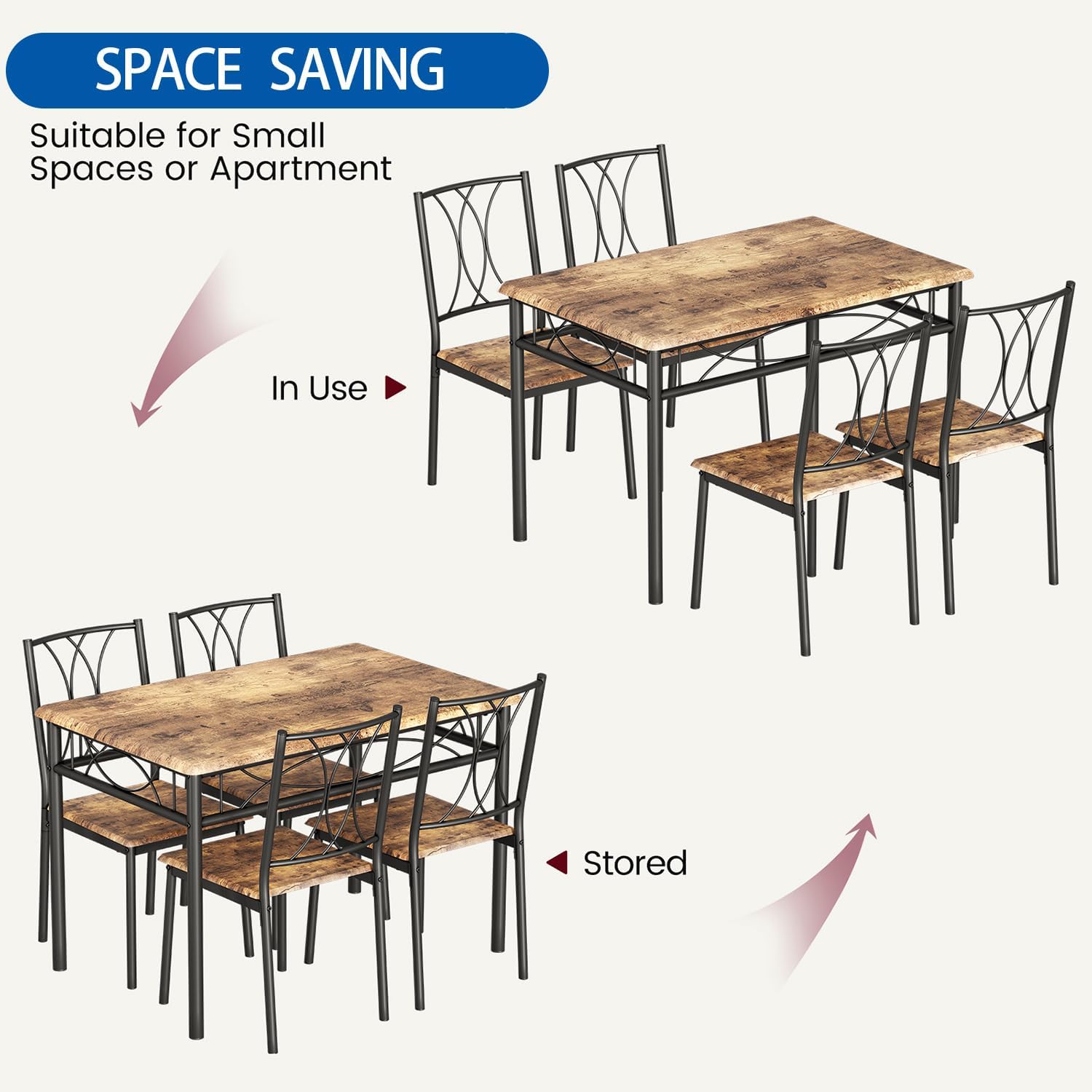 Illustration demonstrating how the chairs can be nested completely under the table for space-saving storage.