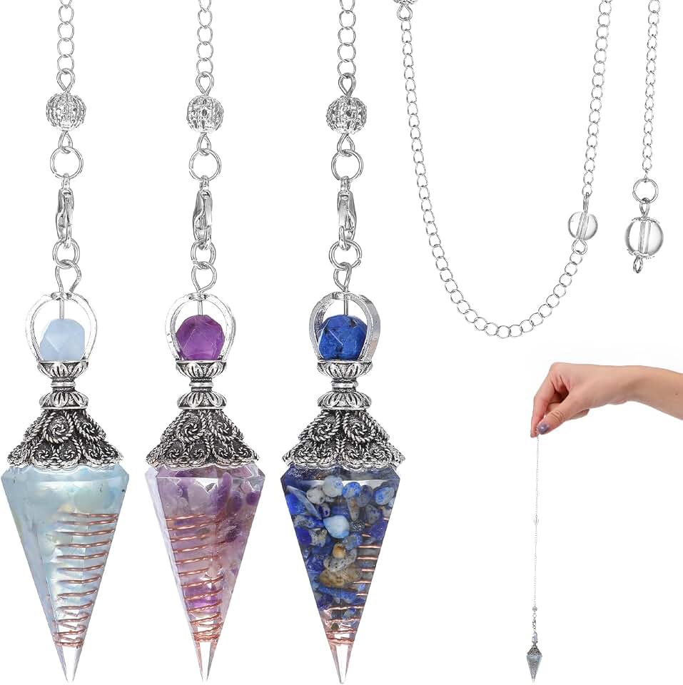 Sibba 3Pcs Pendulum Crystal, Healing Crystal Amethyst Aquamarine Lapis Lazuli Pendulums for Witchcraft Supplies and Divination, Spiritual Pointed Crystals for Dowsing, Meditation, Chakra Healing