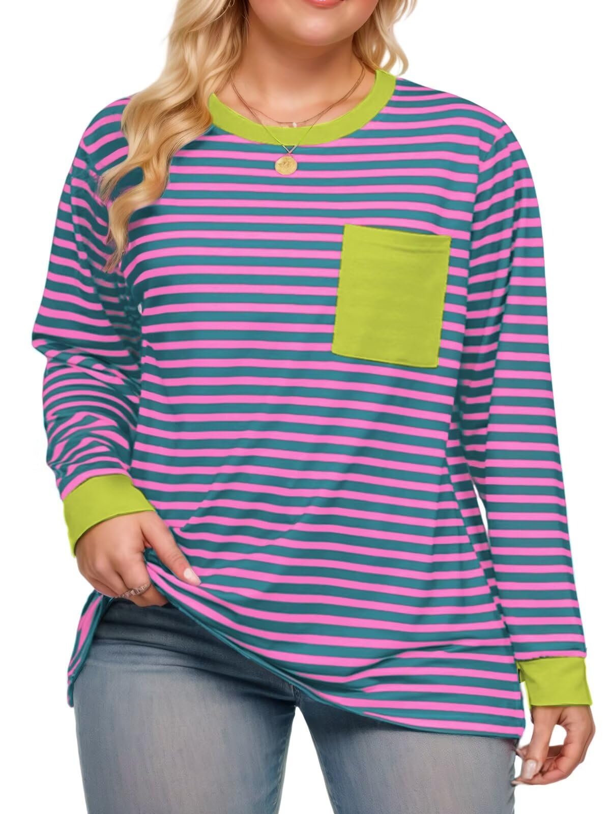 DOLNINE Women's Plus Size Tops Crewneck Long Sleeve Shirts Casual Color Block Striped Tunic Blouses with Pocket XL-5XL