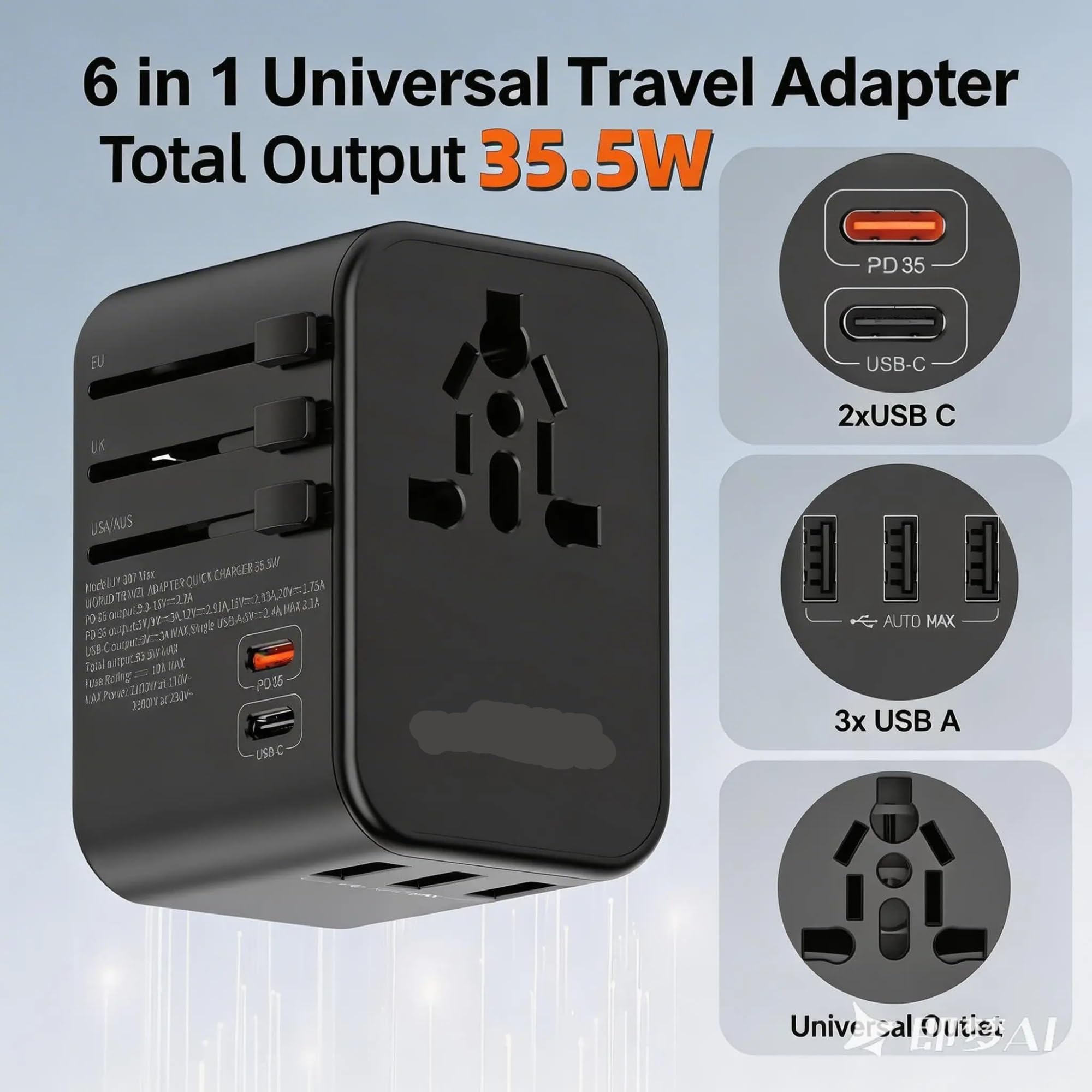 35,5 W PD QC3.0 6-in-1 Universal-Reiseadapter 1 AC 5 USB-Anschlüsse Internationaler Stecker for US UK EU AU
