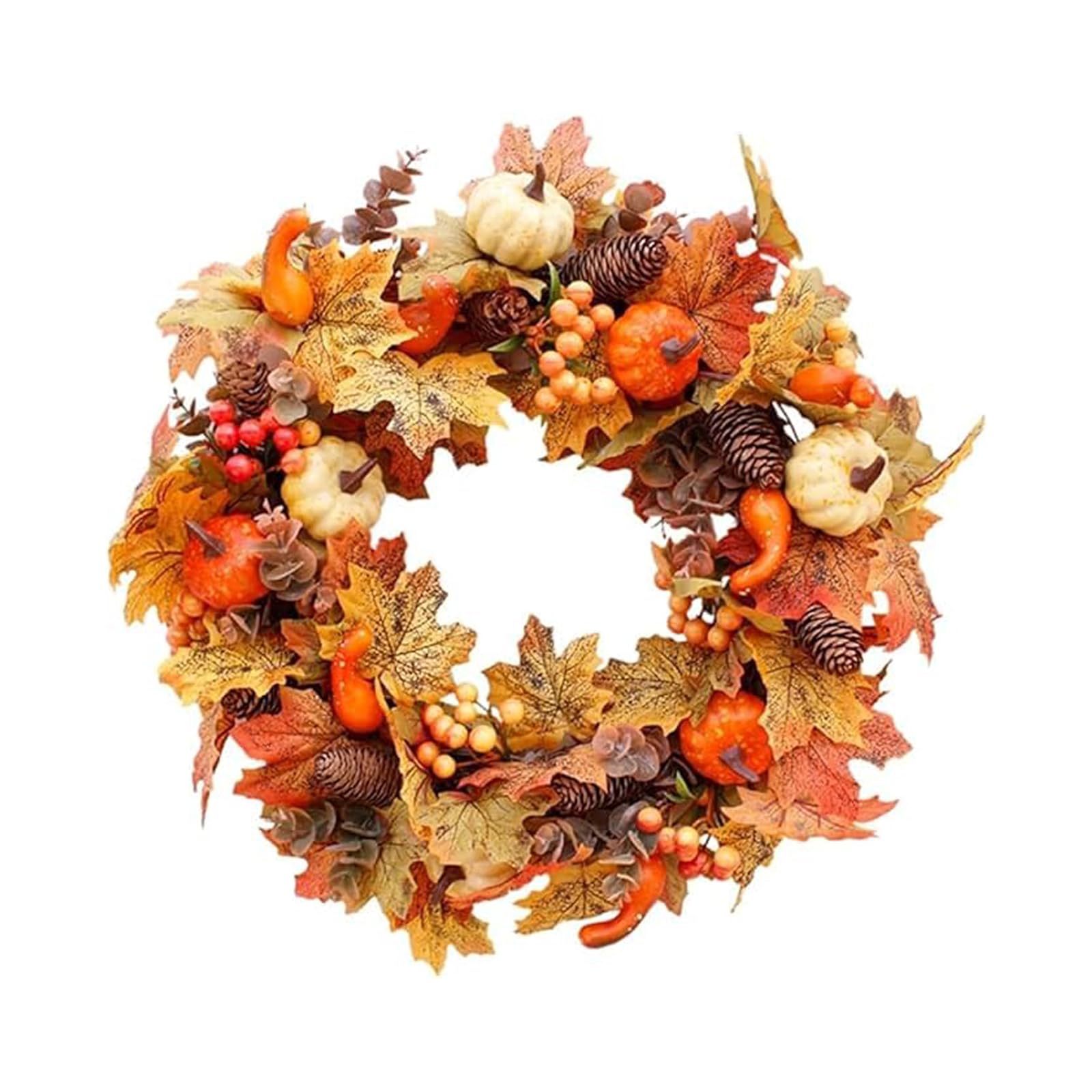 Xjdzineq Autumn Thanksgiving Wreath Rattan Garland with Berries Pine Cones Pumpkins Maple Leaves for Halloween Christmas Front Door Decoration Thanksgiving Halloween Christmas Autumn Home Decoration