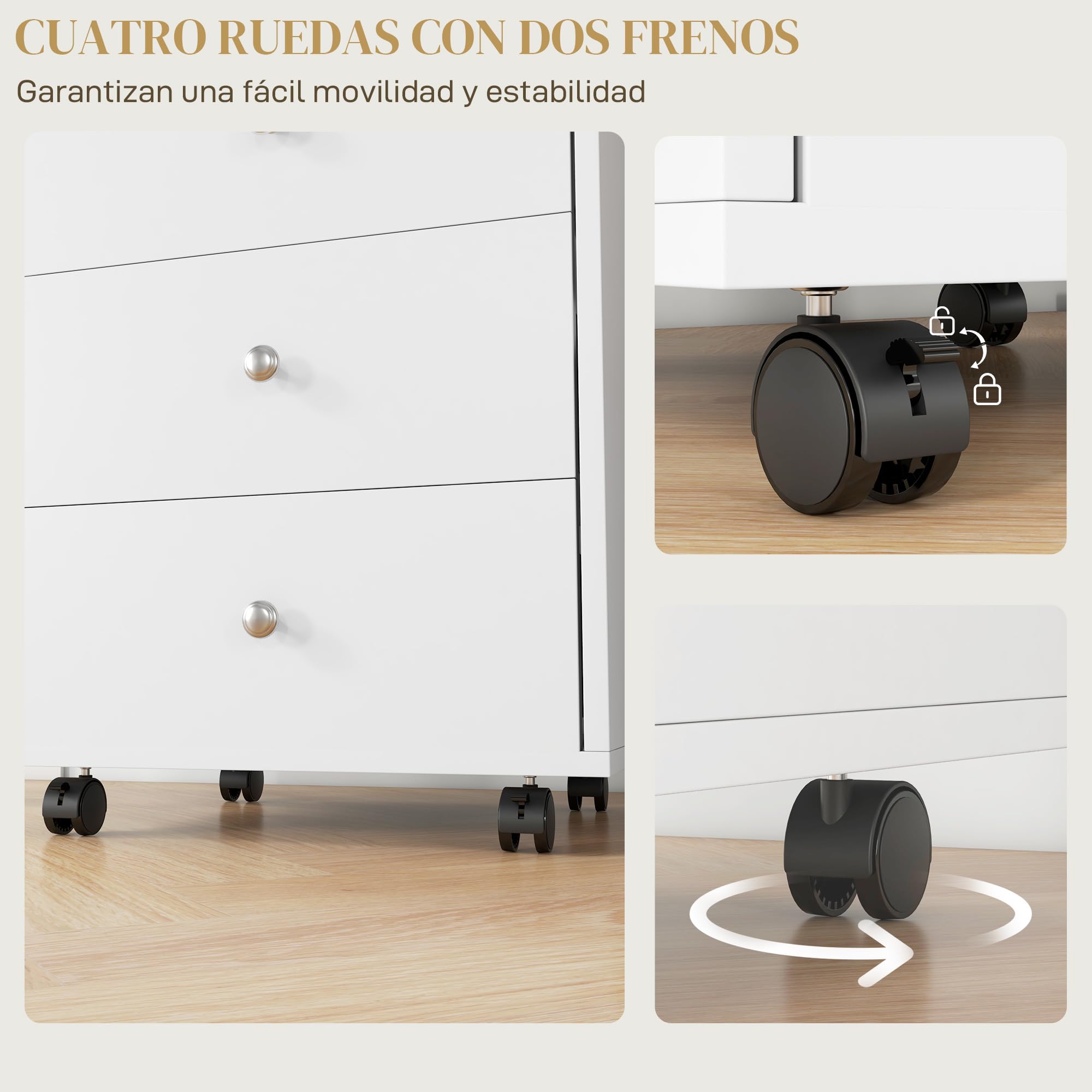 HOMCOM Meuble de Rangement, Commode de Bureau Accessoire Bureau avec 4 Roulettes, 3 Tiroirs et 1 Plateau Amovible, Charge 30 kg, pour Studio, Salon, 43 x 40 x 66,5 cm, Blanc et Naturel